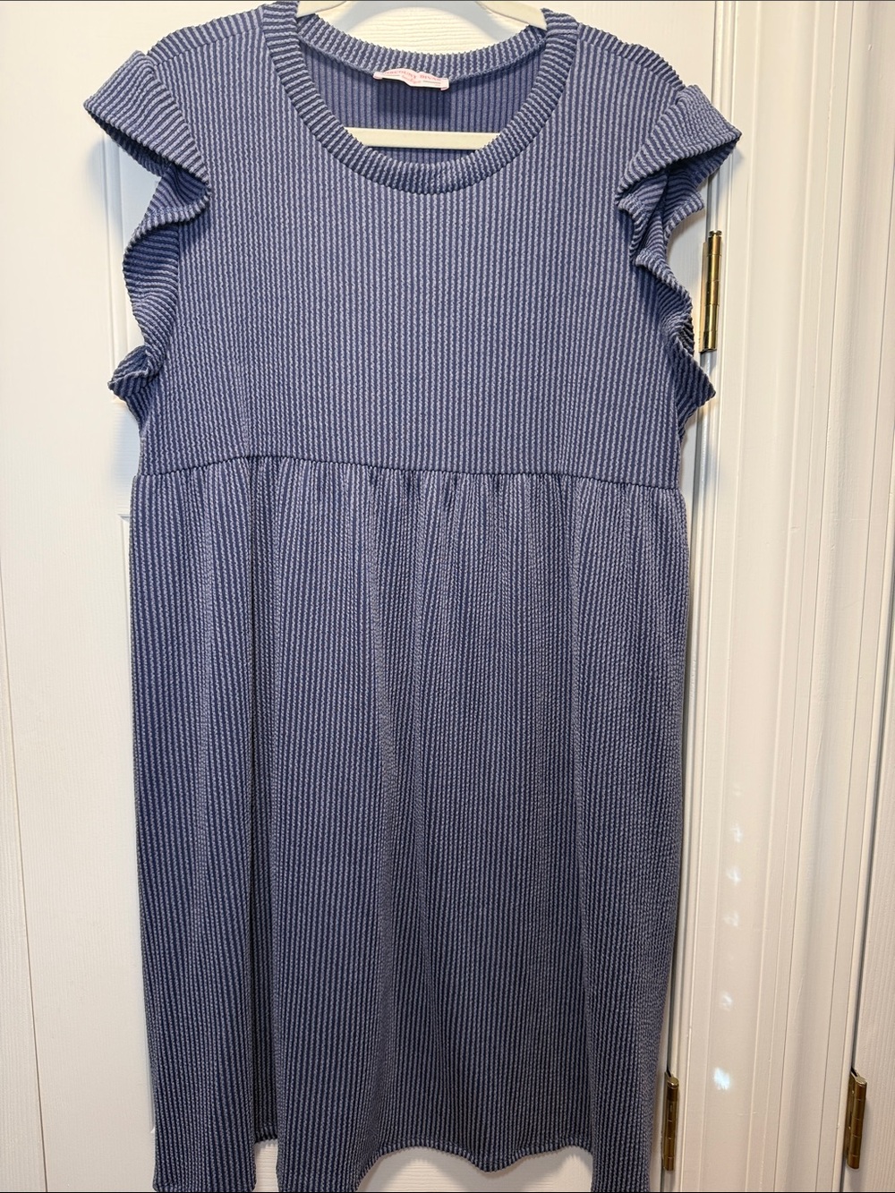 Blue Ribbed Flutter-Sleeve Mini Dress